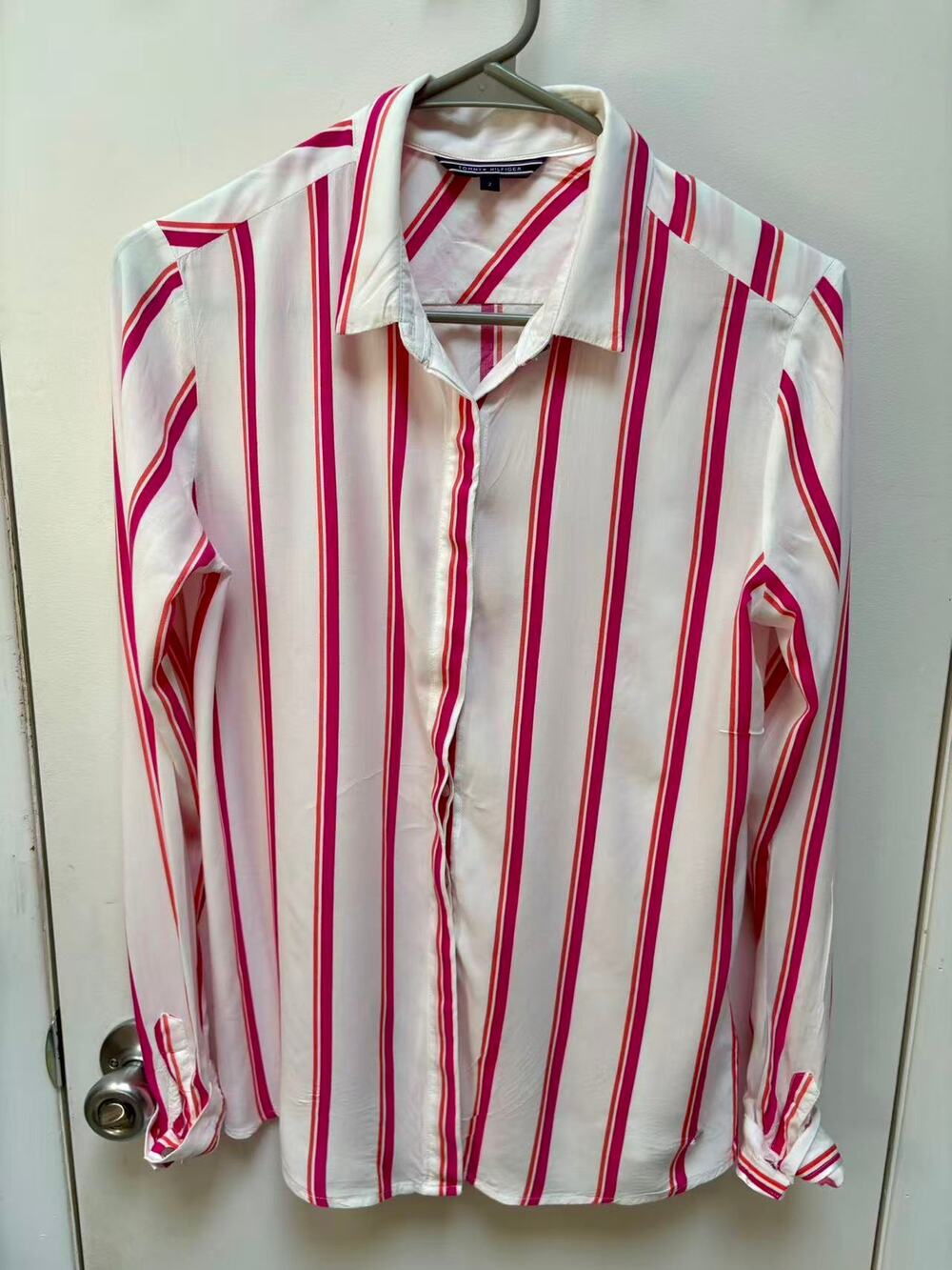 Tommy Hilfiger Womens Rayon Pink Striped Long Sleeve Button Down Shirt Size S